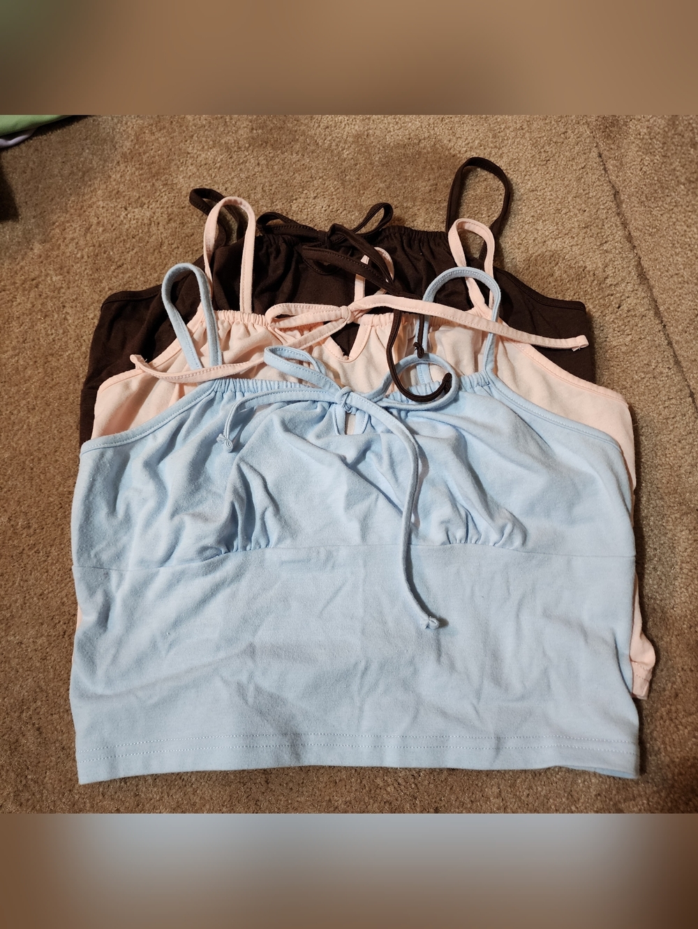 Pack of 3 Pink Light Blue Espresso Brown Strap Crop Top Tanks Like New